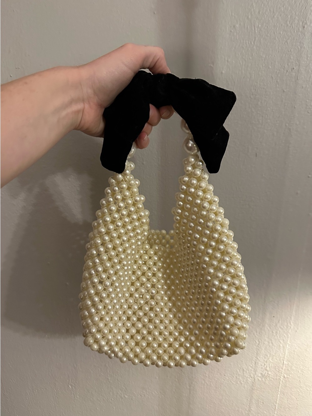 Pearl Beaded Handbag with Black Velvet Bow